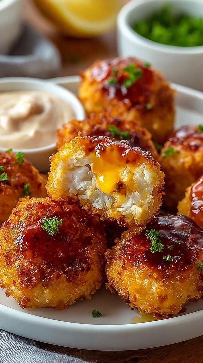 Golden brown air fried chicken bites coated in a glossy honey lemon glaze on a white plate