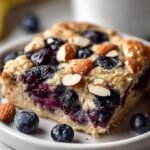 A warm ramekin of blueberry almond baked oats with golden edges and fresh berries