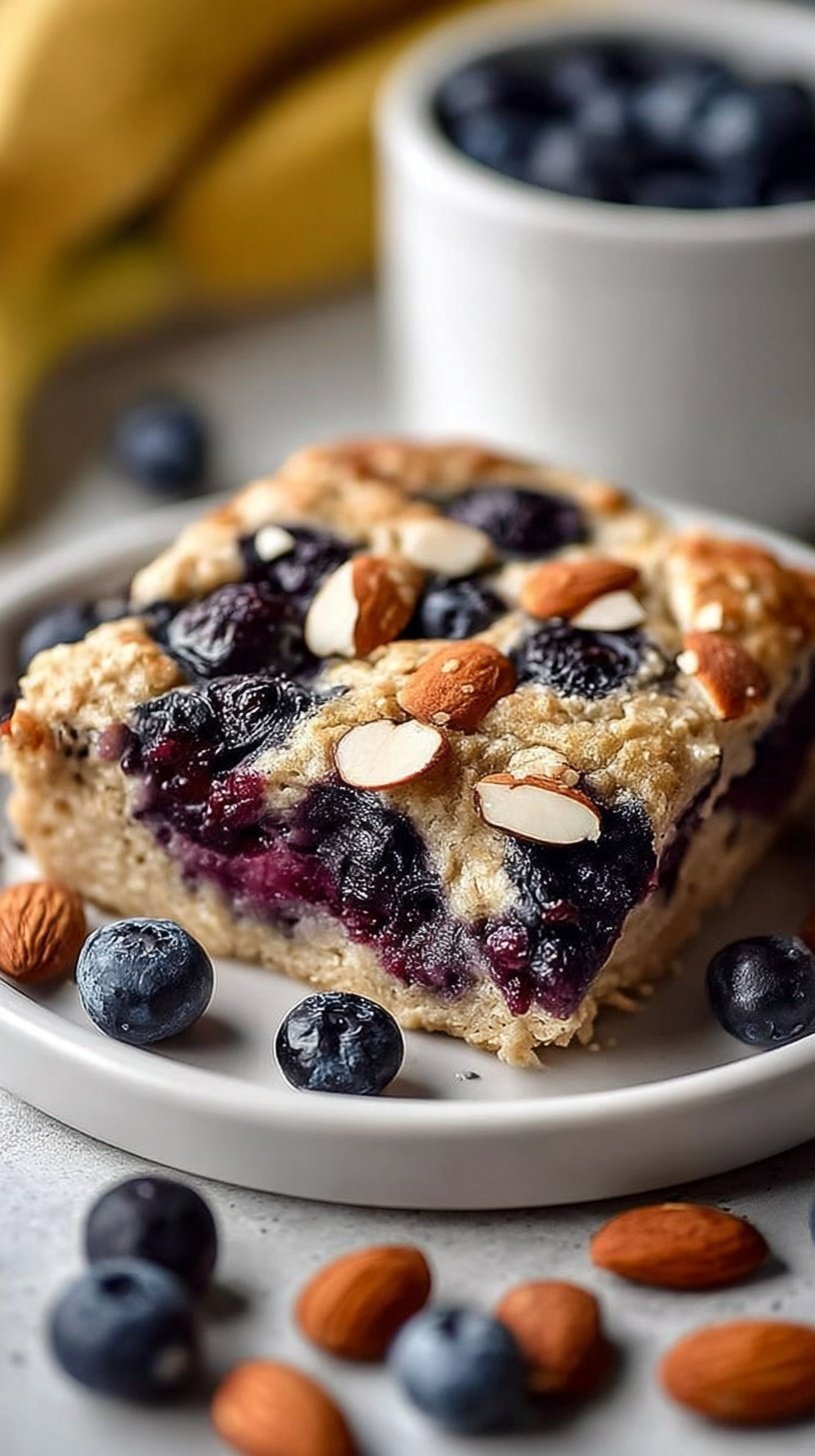 A warm ramekin of blueberry almond baked oats with golden edges and fresh berries