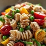 A bowl of high protein chicken pasta salad with cherry tomatoes, cucumber, and feta cheese