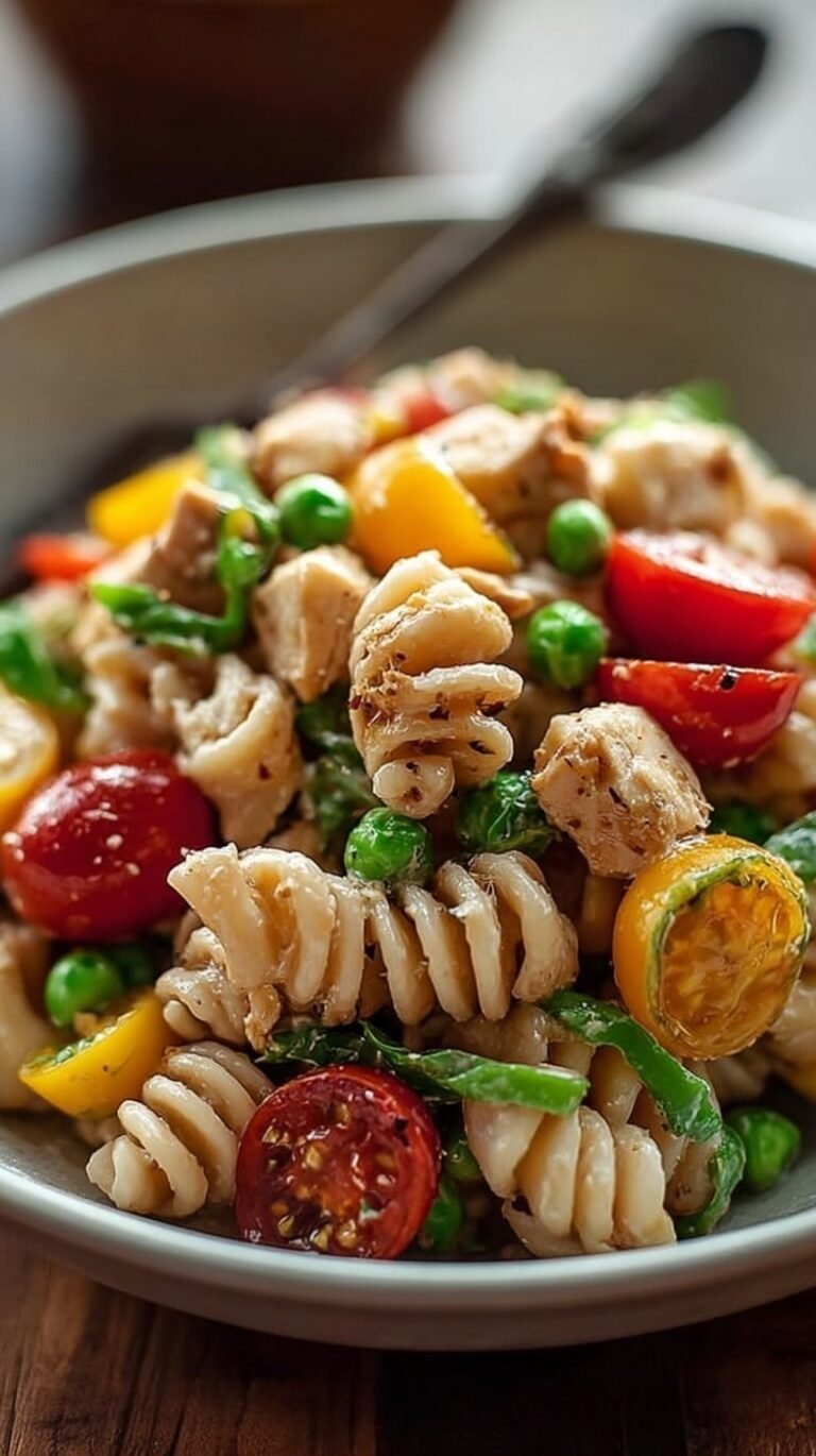 A bowl of high protein chicken pasta salad with cherry tomatoes, cucumber, and feta cheese