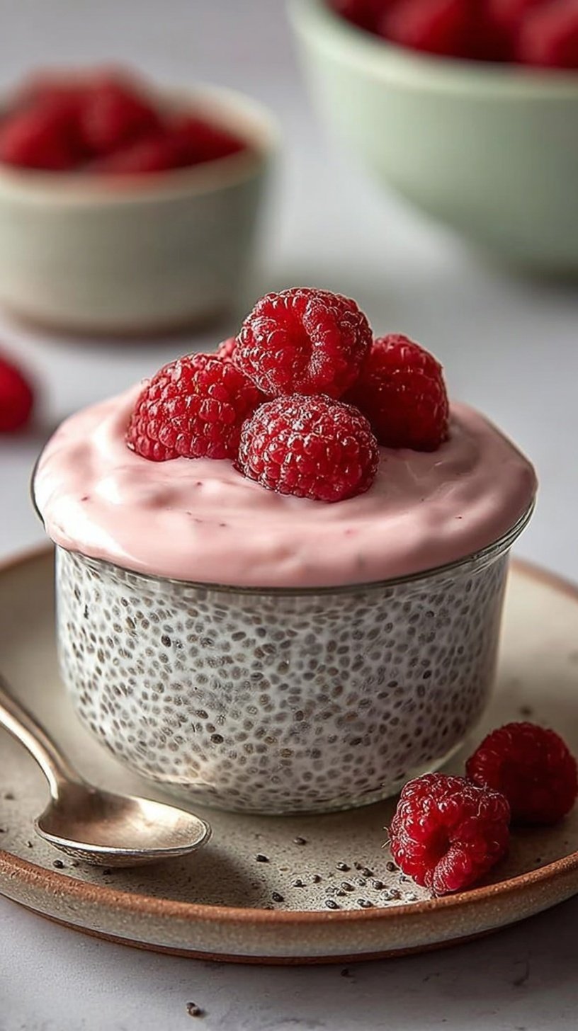 A glass jar filled with pink raspberry chia pudding topped with fresh berries and a dollop of yogurt.