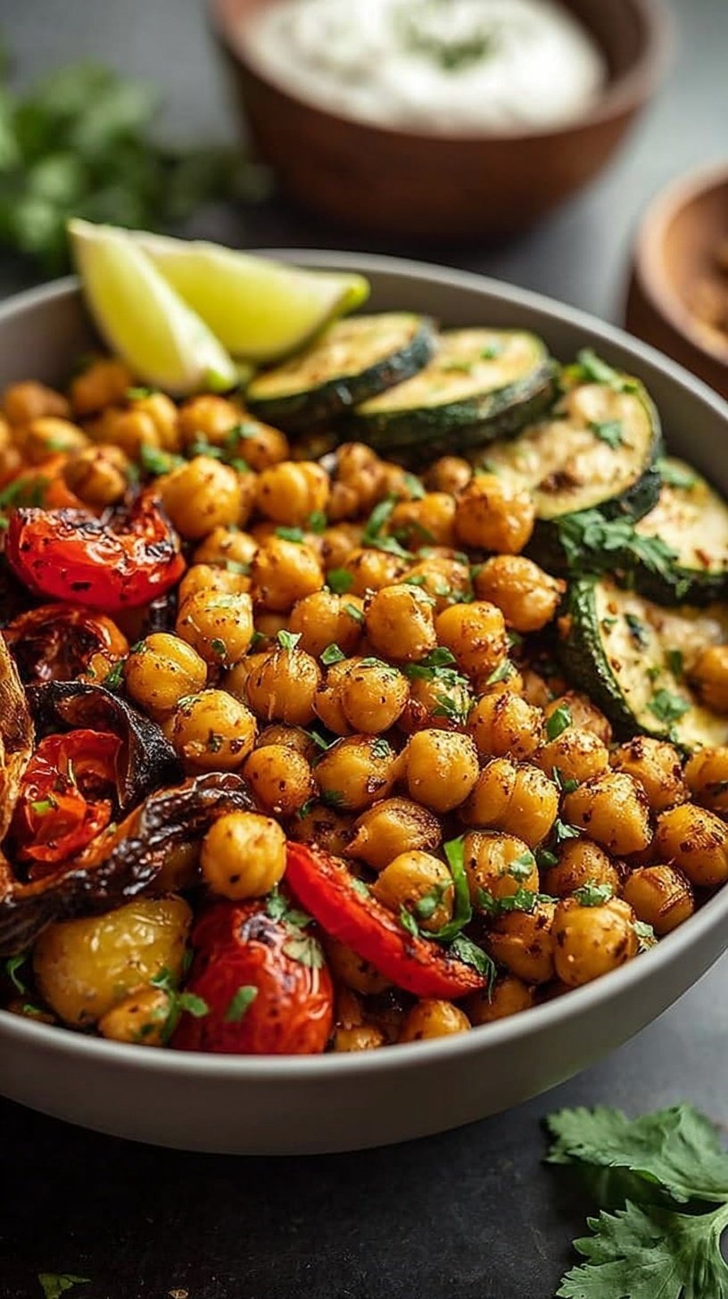 A vibrant Mediterranean Chickpea Bowl with roasted zucchini, peppers, and creamy tahini dressing.