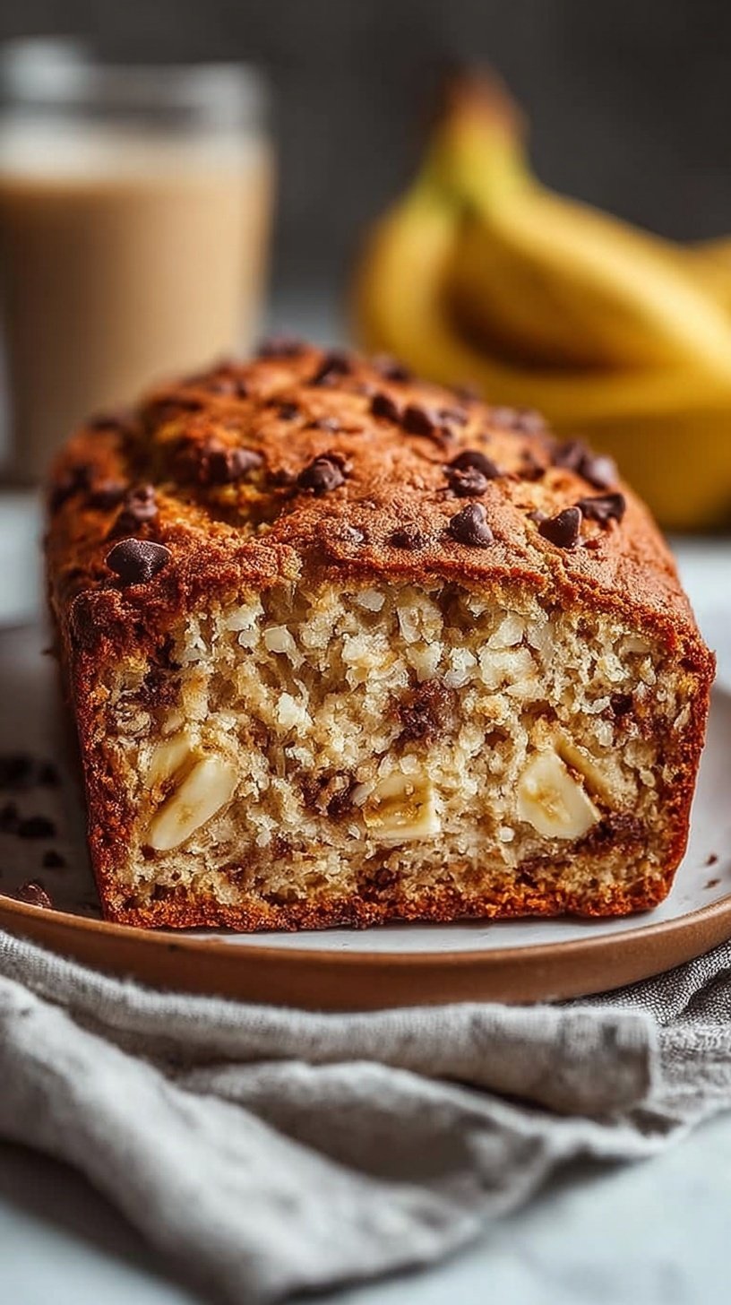 A golden brown loaf of cottage cheese banana bread sliced on a wooden board