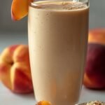 A creamy vanilla peach smoothie in a glass with a sprinkle of cinnamon on top.