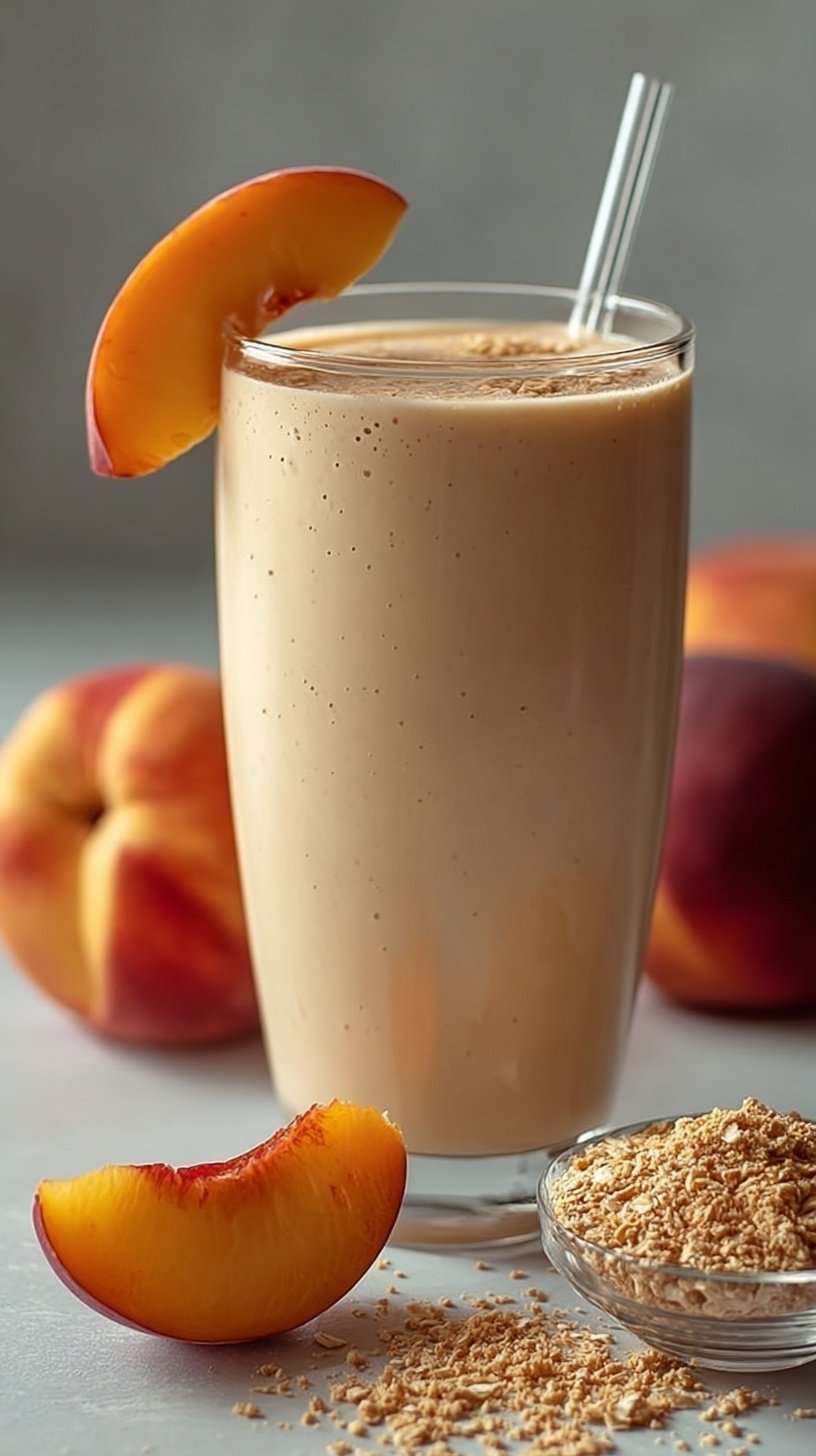 A creamy vanilla peach smoothie in a glass with a sprinkle of cinnamon on top.
