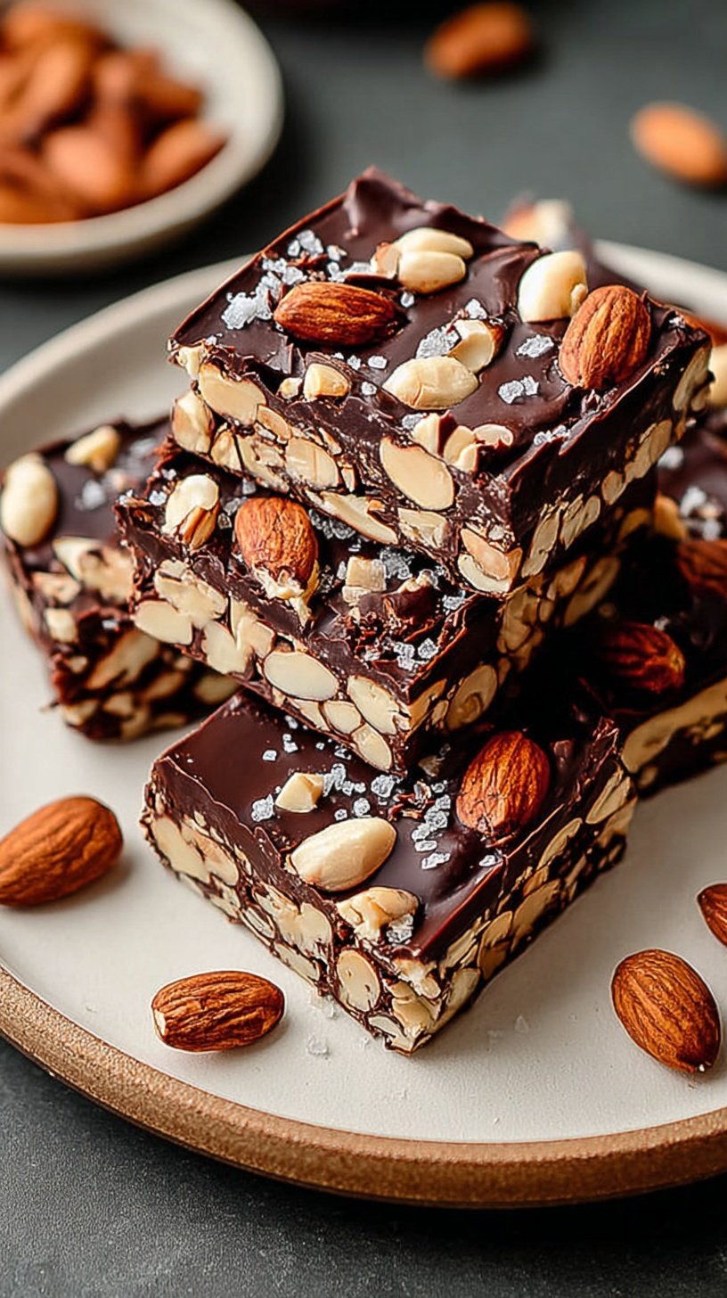 Homemade nut bars with dark chocolate drizzle and flaky sea salt on parchment paper
