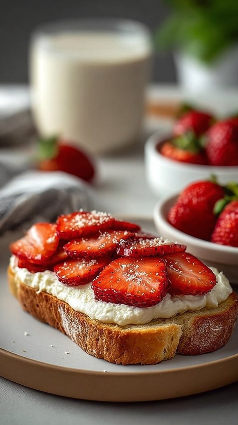 A slice of golden sourdough toast topped with creamy cottage cheese, sliced strawberries, honey, and fresh mint.