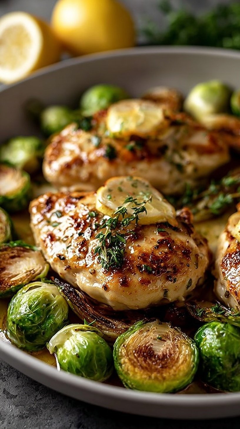 Golden seared chicken pieces and crispy halved Brussels sprouts in a cast iron skillet with lemon slices.