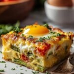 A golden brown egg bake with green asparagus and peas in a white ceramic dish.