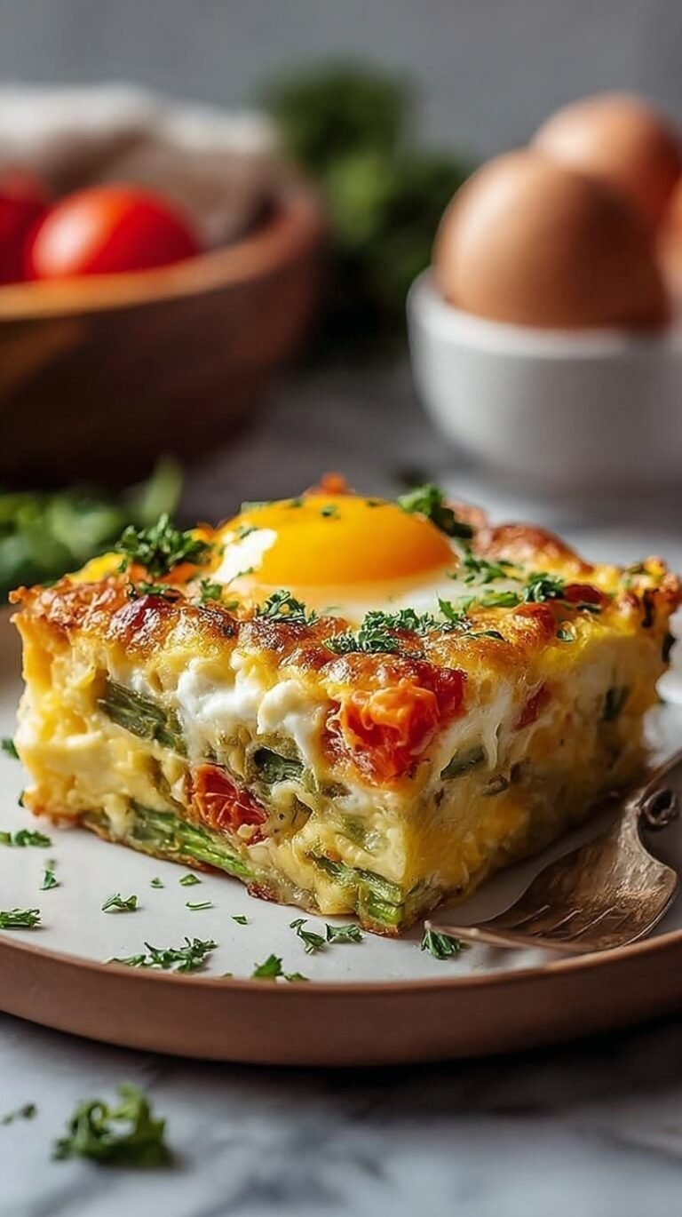 A golden brown egg bake with green asparagus and peas in a white ceramic dish.