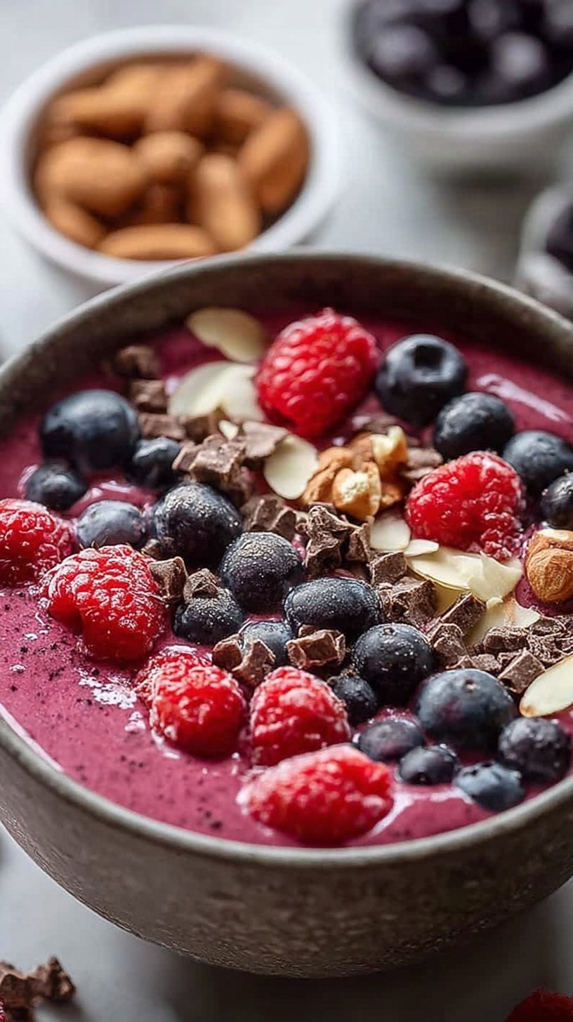 A thick purple berry smoothie bowl topped with banana slices, chia seeds, and granola.