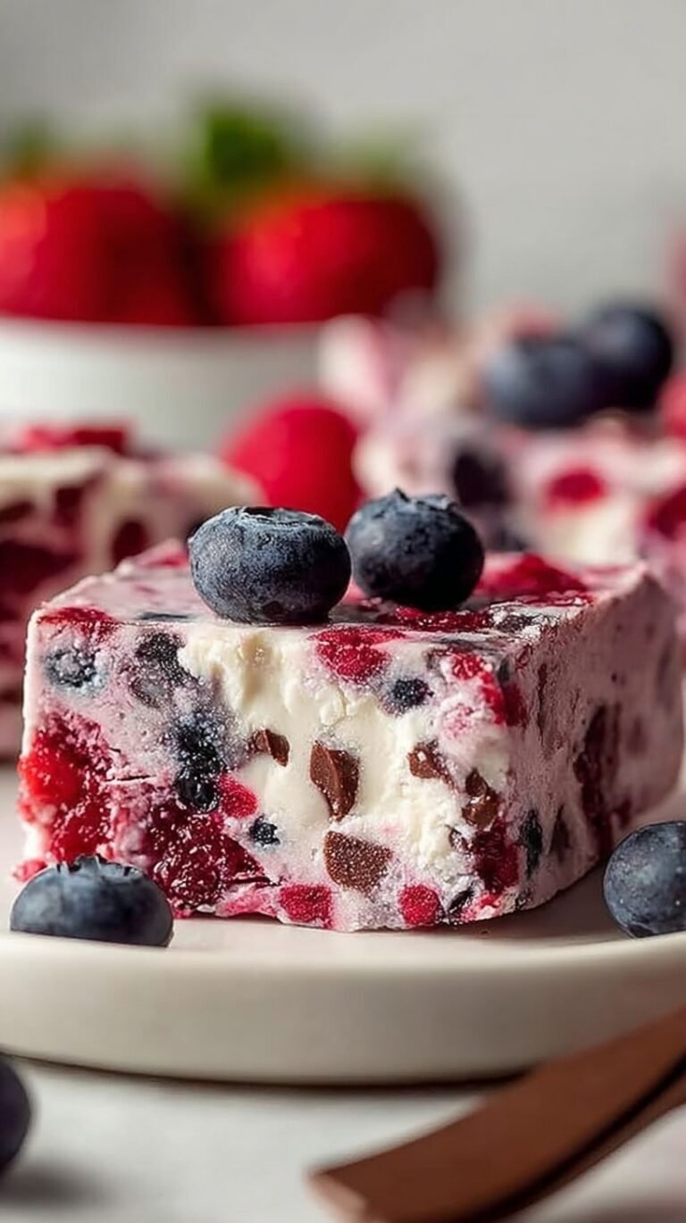 A tray of frozen yogurt bars topped with fresh strawberries, blueberries, and granola