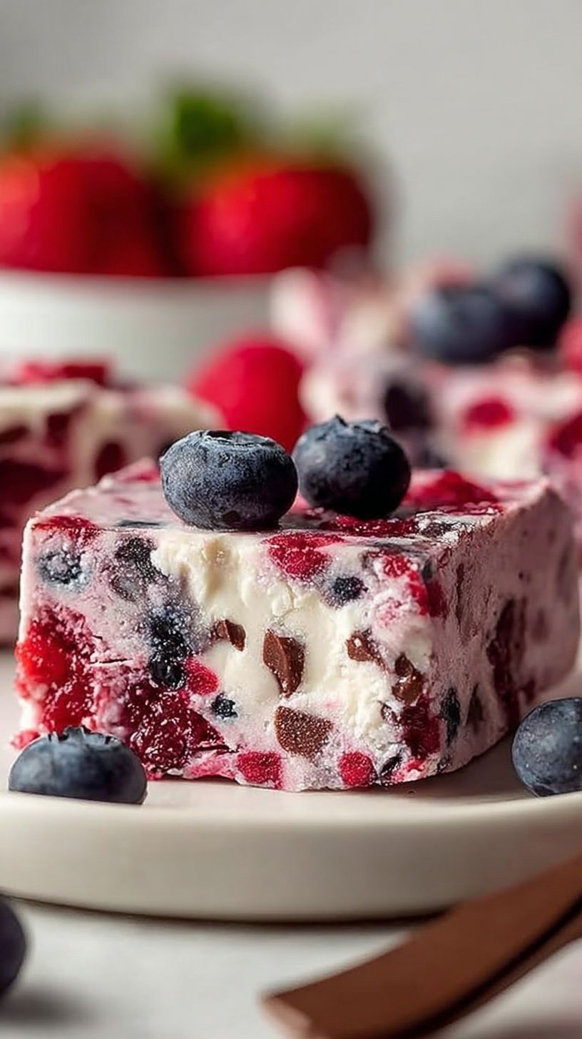 A tray of frozen yogurt bars topped with fresh strawberries, blueberries, and granola