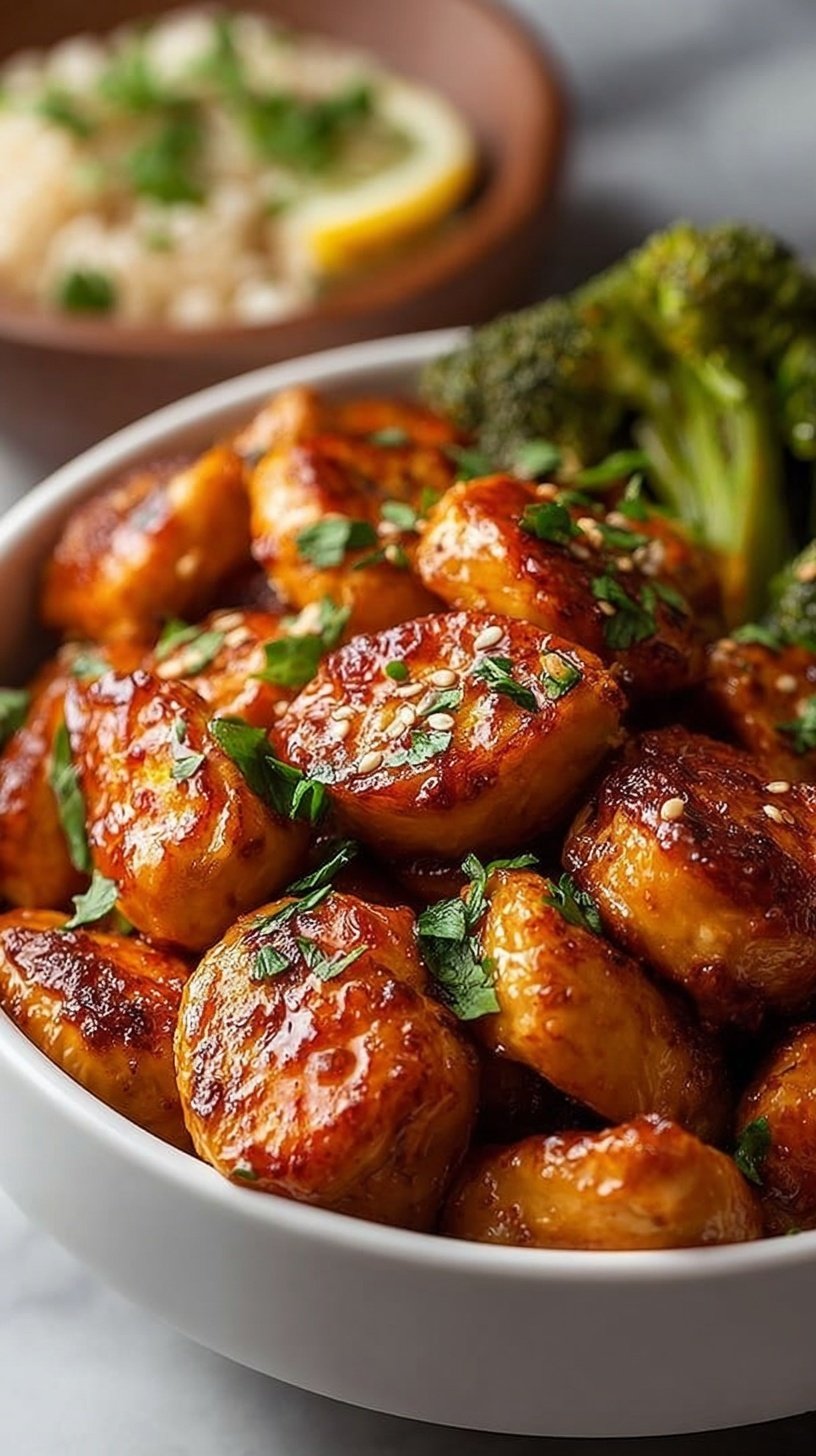 Four glass meal prep containers filled with seasoned cubed chicken, steamed broccoli, and white rice on a clean kitchen counter.