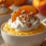 A glass bowl filled with creamy whipped cottage cheese and fresh peach slices topped with cinnamon.
