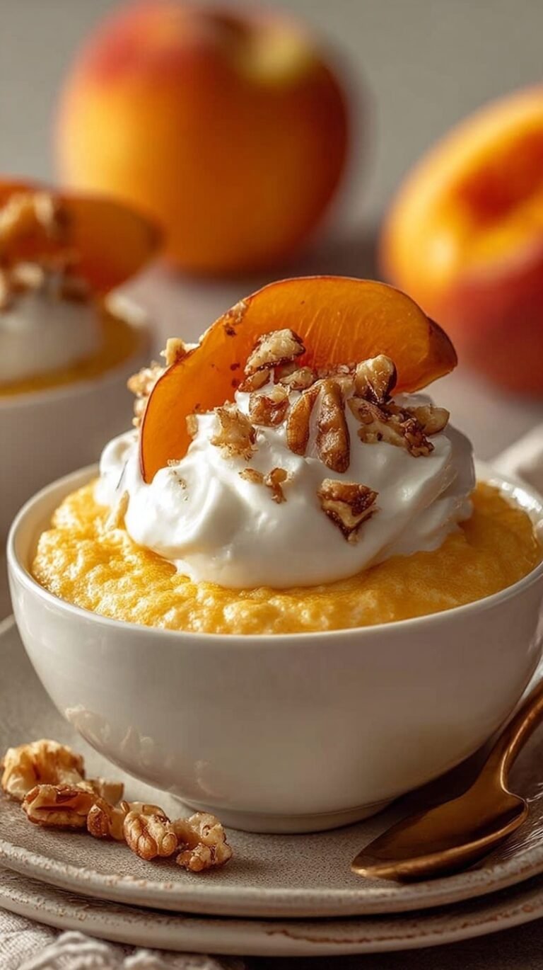 A glass bowl filled with creamy whipped cottage cheese and fresh peach slices topped with cinnamon.