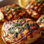 Juicy grilled lemon herb chicken breasts with grill marks and fresh herbs on a white platter