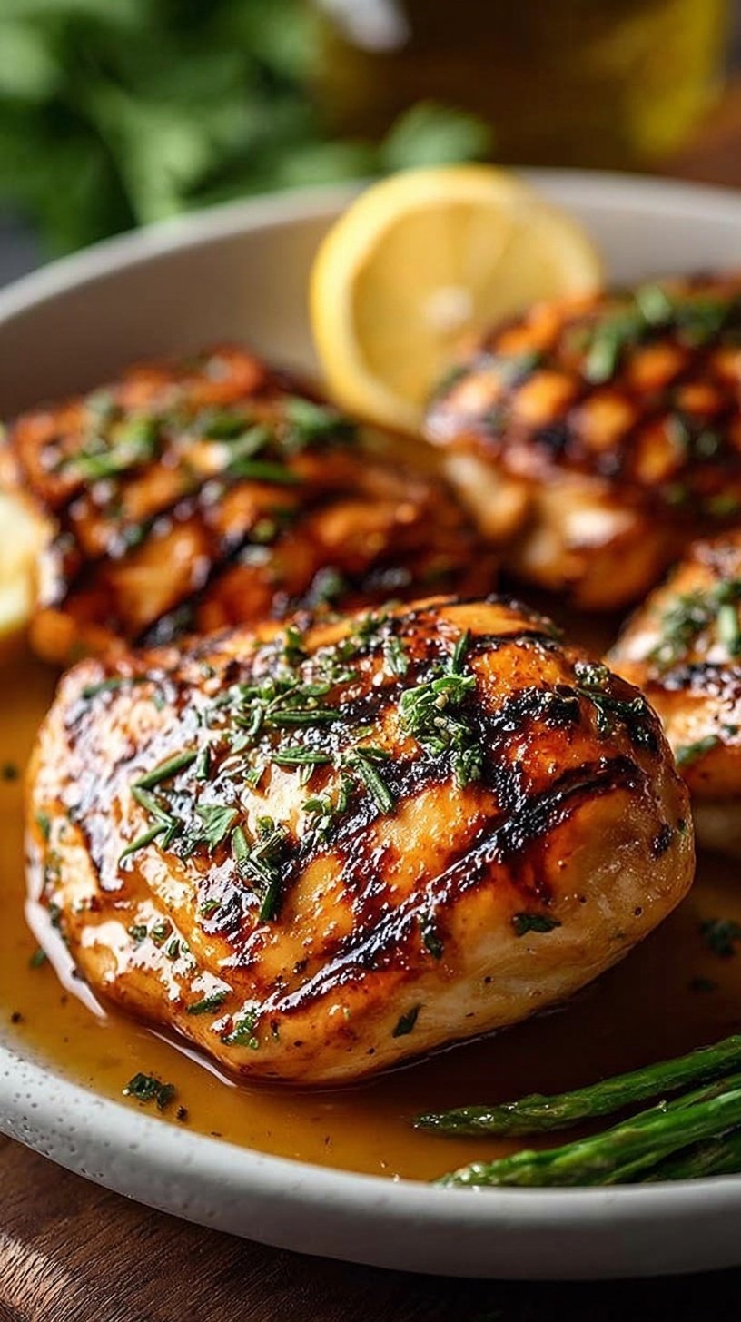 Juicy grilled lemon herb chicken breasts with grill marks and fresh herbs on a white platter