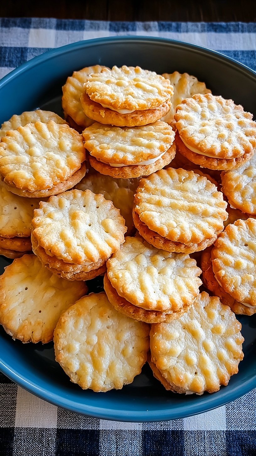 Close up of several homemade cheese cracker sandwiches stacked on a plate