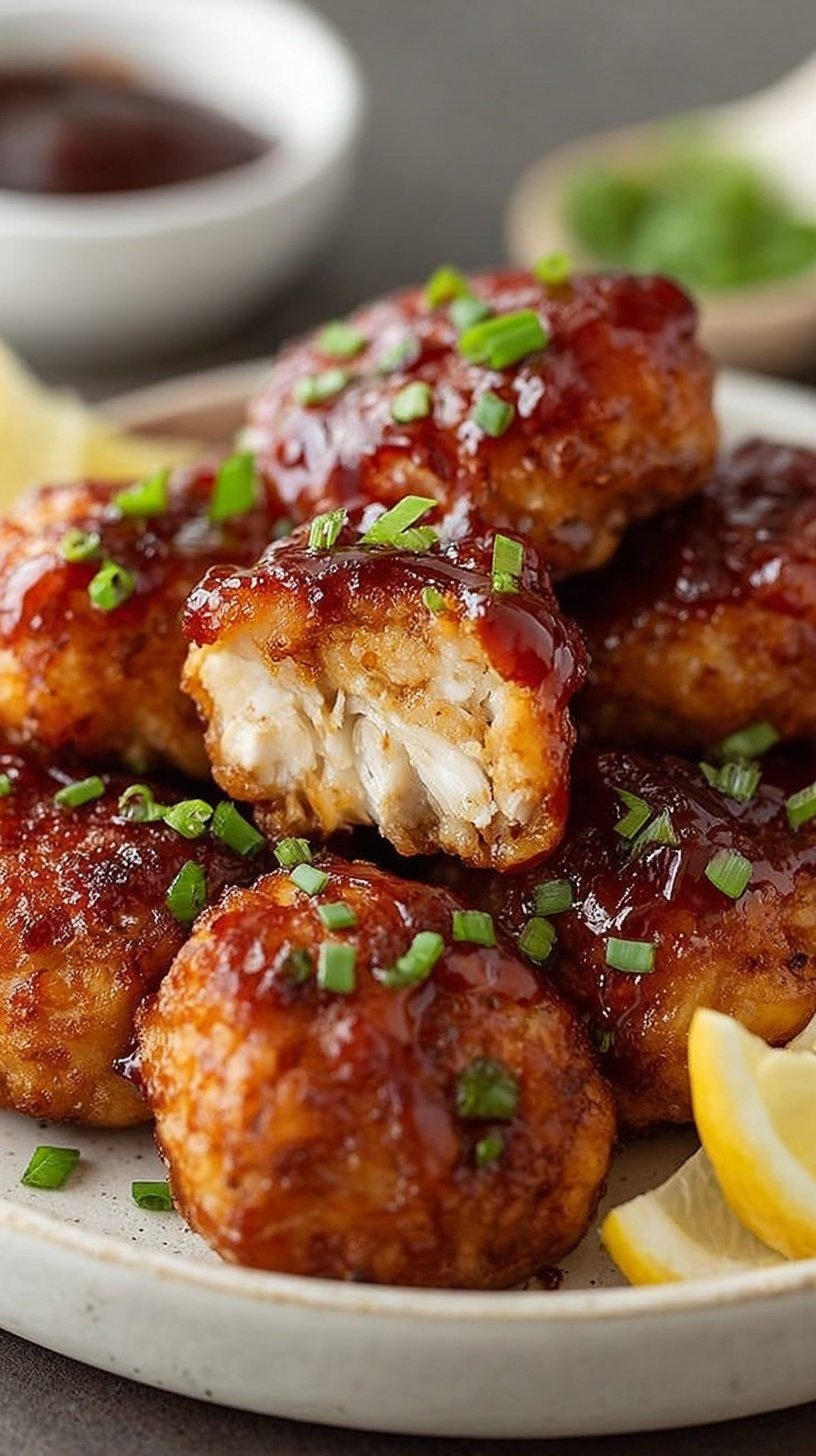 Golden brown air fried chicken bites coated in a sticky barbecue sauce glaze