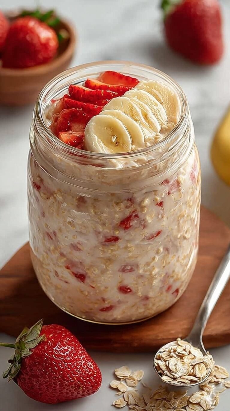 A glass jar filled with creamy strawberry banana overnight oats topped with fresh fruit