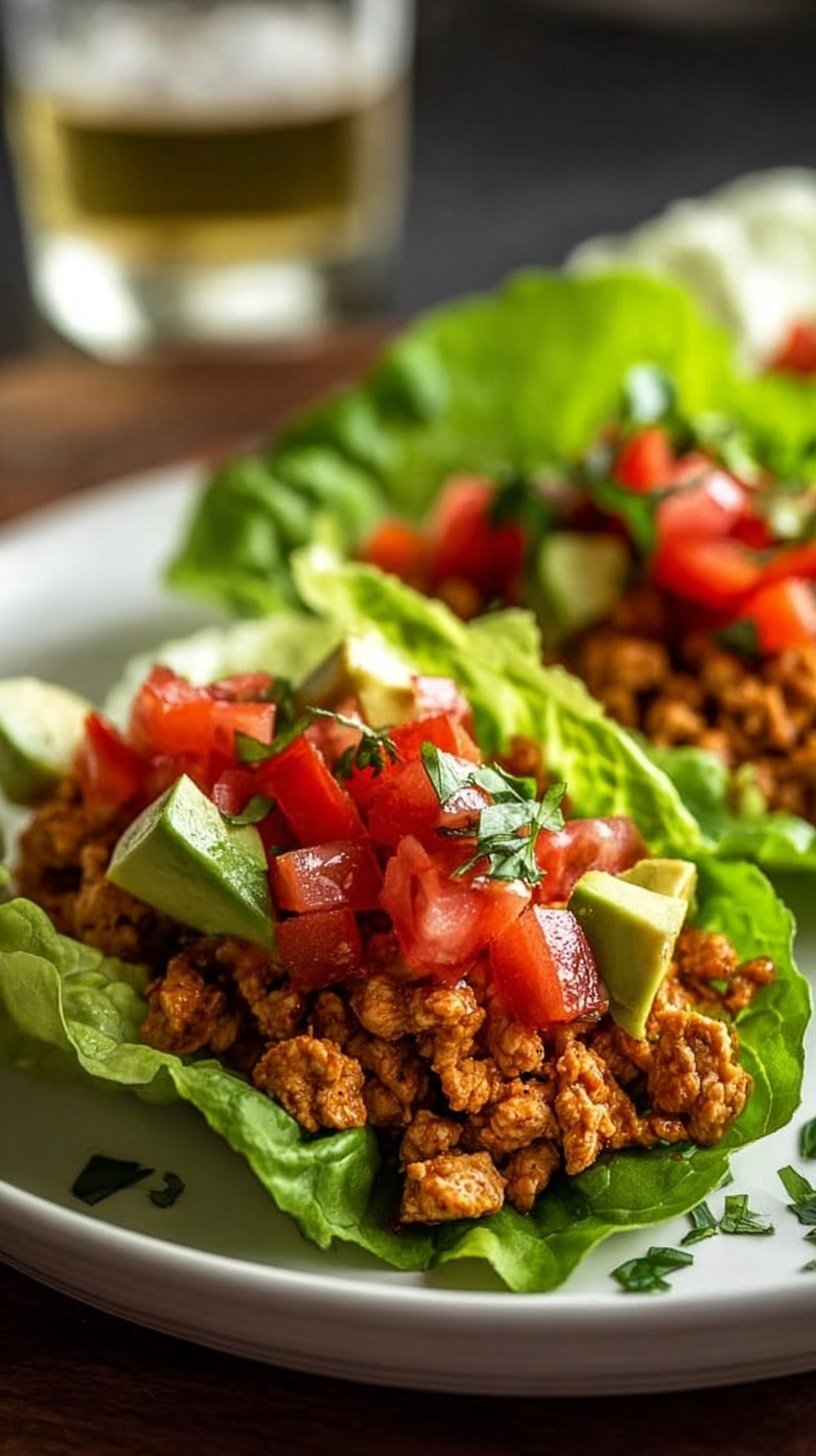 A platter of fresh butter lettuce leaves filled with savory ground turkey and topped with shredded carrots.