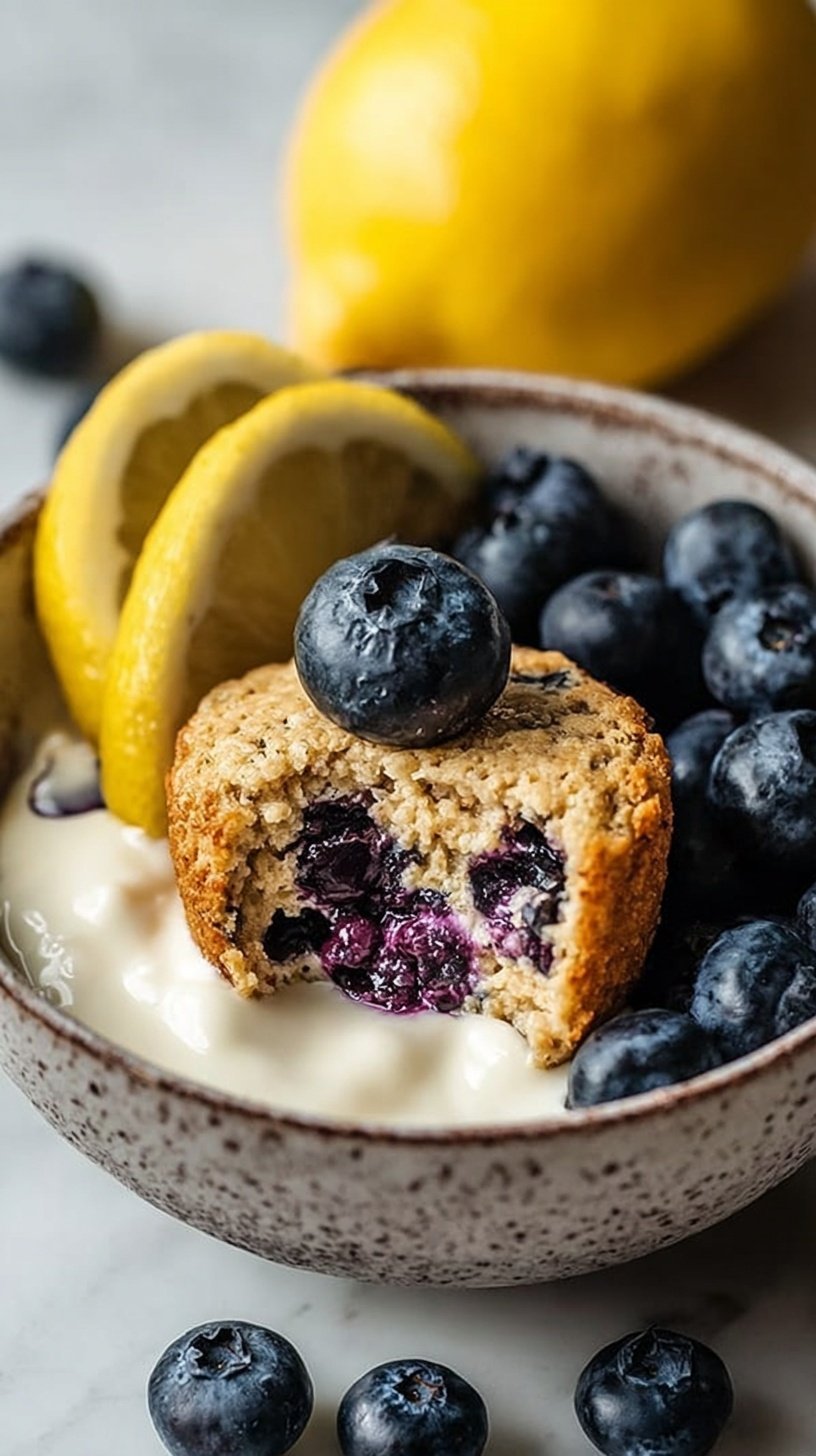 A creamy yogurt bowl topped with fresh blueberries, lemon zest, granola, and chia seeds.