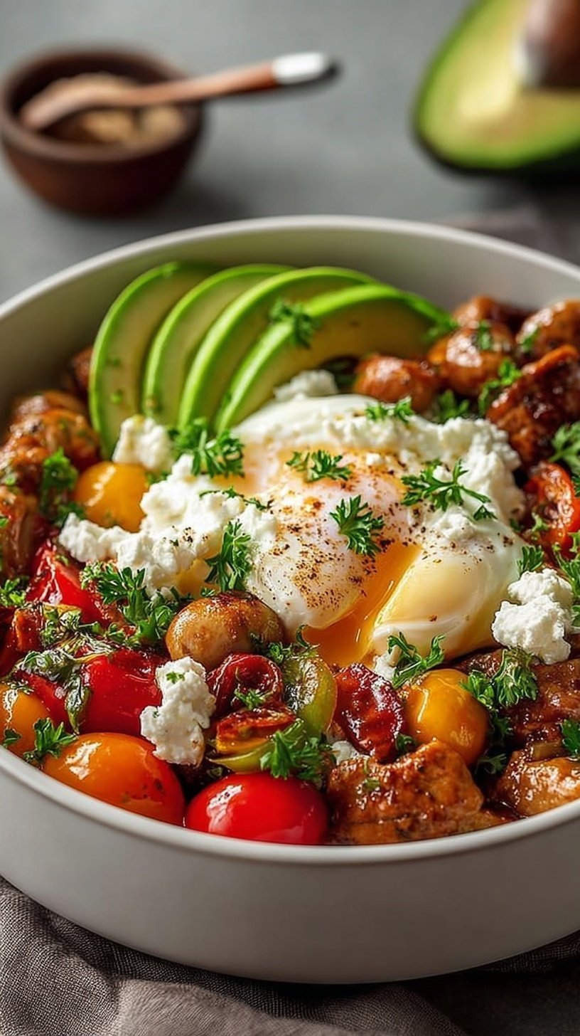 A fresh savory cottage cheese bowl topped with cucumbers, tomatoes, and olives