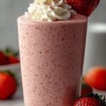 A tall glass of pink strawberry cheesecake smoothie topped with graham cracker crumbs