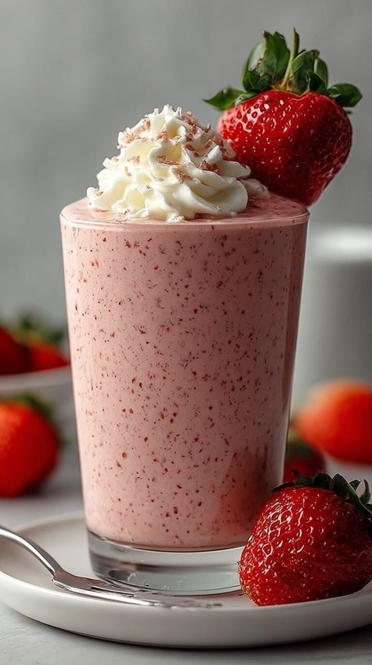 A tall glass of pink strawberry cheesecake smoothie topped with graham cracker crumbs