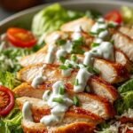 Grilled chicken strips and sliced eggs on a bed of Caesar salad with creamy dressing