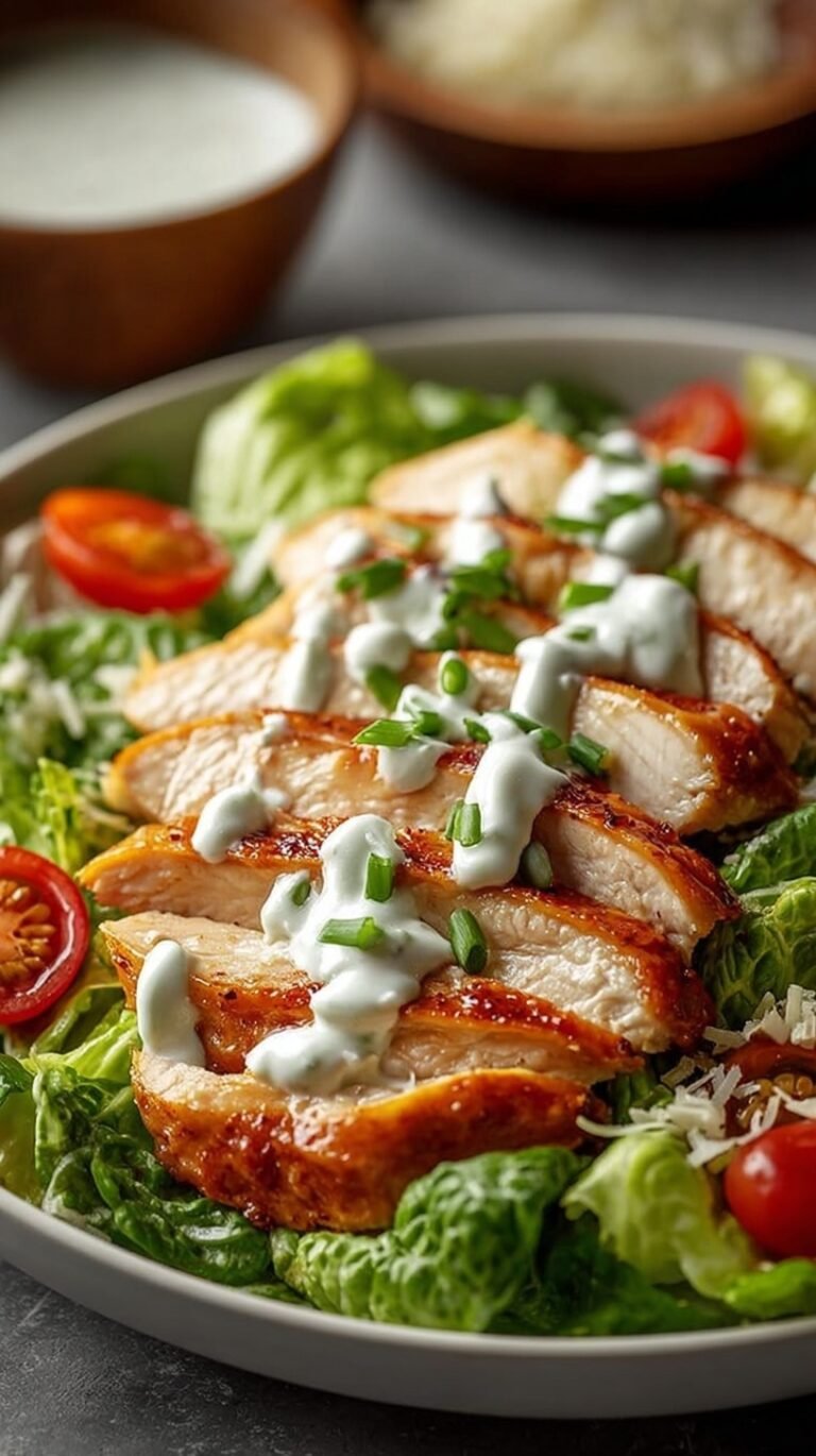 Grilled chicken strips and sliced eggs on a bed of Caesar salad with creamy dressing