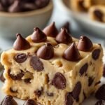 A bowl of creamy chocolate chip cookie dough made with cottage cheese and almond flour.