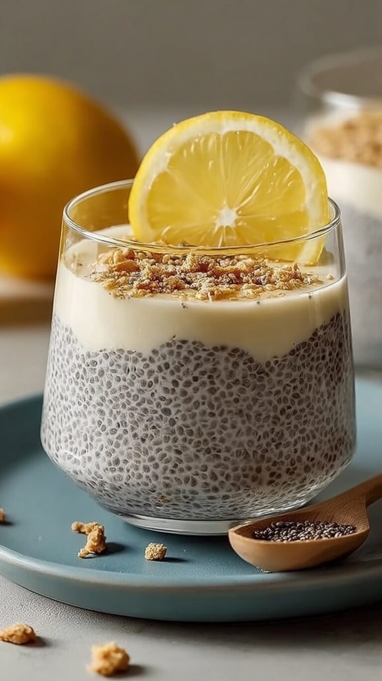 Four glass jars filled with creamy lemon chia pudding topped with fresh lemon zest and berries on a bright kitchen counter.