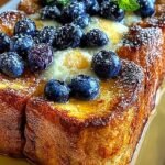 Golden brown blueberry lemon french toast casserole in a white baking dish with fresh blueberries on top.