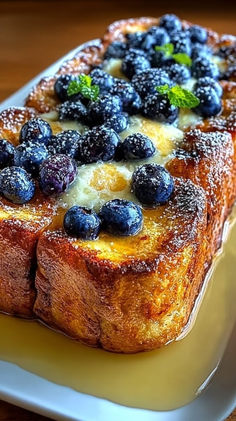 Golden brown blueberry lemon french toast casserole in a white baking dish with fresh blueberries on top.