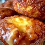A tray of golden baked apple fritters drizzled with sweet white vanilla glaze on a wire cooling rack.