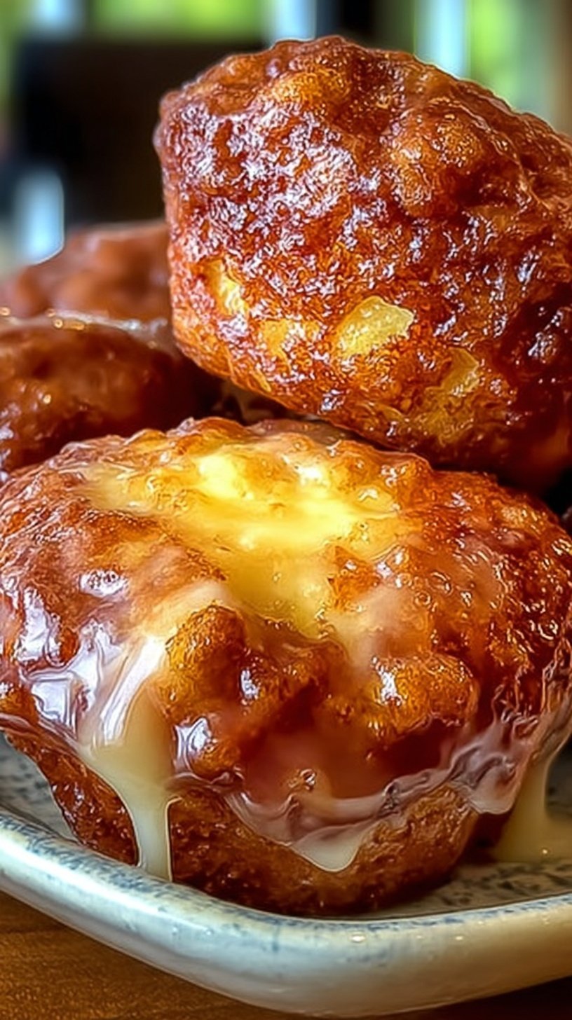 A tray of golden baked apple fritters drizzled with sweet white vanilla glaze on a wire cooling rack.