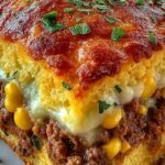 A golden brown Cowboy Cornbread Casserole in a glass baking dish with melted cheddar cheese on top.