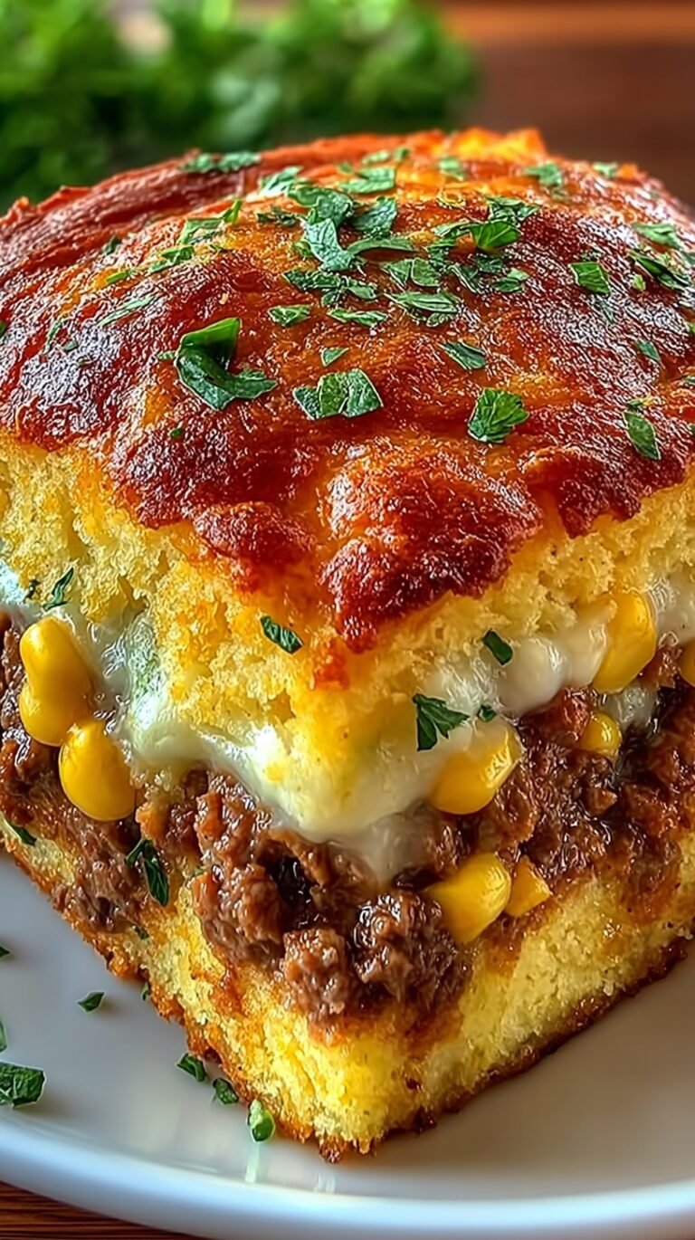 A golden brown Cowboy Cornbread Casserole in a glass baking dish with melted cheddar cheese on top.