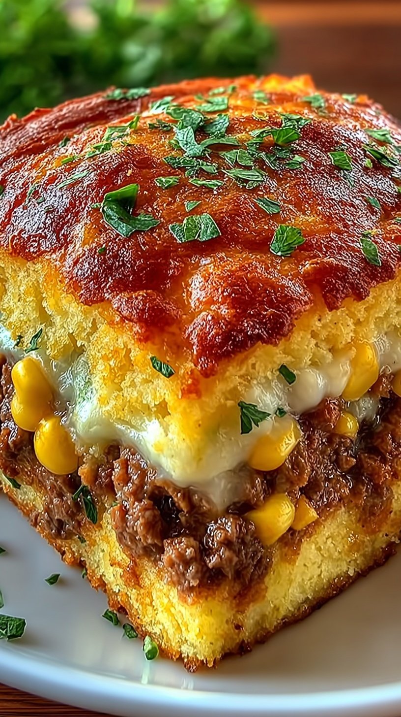 A golden brown Cowboy Cornbread Casserole in a glass baking dish with melted cheddar cheese on top.