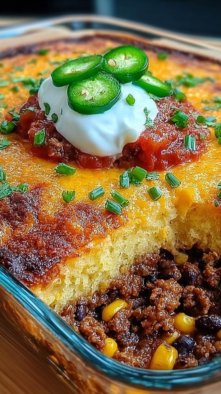 A golden brown Texas Tamale Pie casserole in a baking dish topped with melted cheese and cornbread.