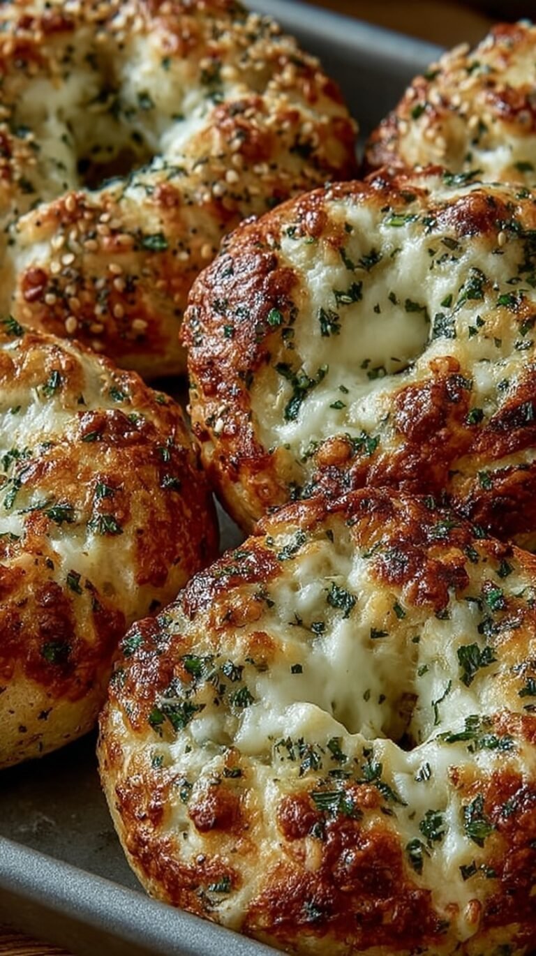 Golden brown mini bagel bites topped with melted cheese and pepperoni on a baking sheet.