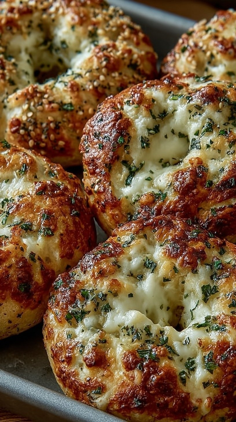 Golden brown mini bagel bites topped with melted cheese and pepperoni on a baking sheet.