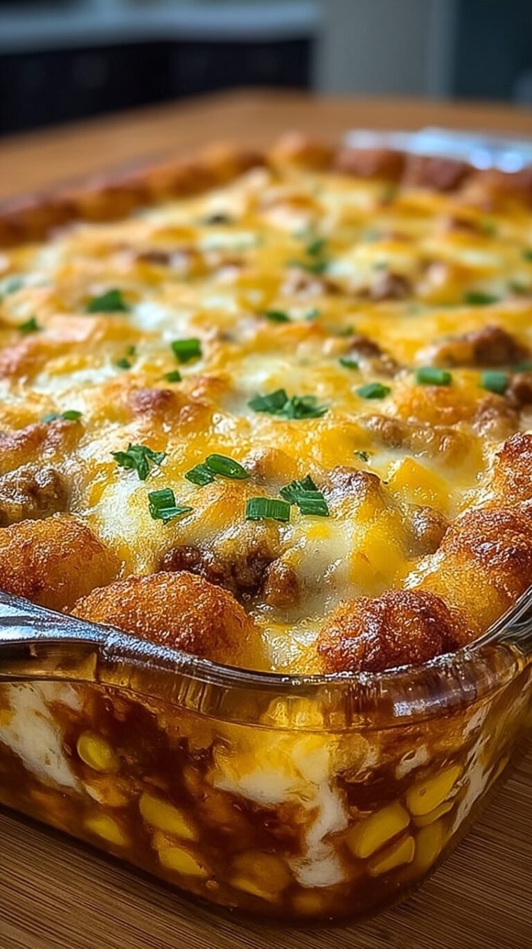 Golden tater tot casserole with melted cheddar cheese and savory ground beef in a glass baking dish.