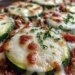 A golden, bubbly Zucchini Pizza Casserole topped with pepperoni and melted mozzarella cheese in a baking dish.