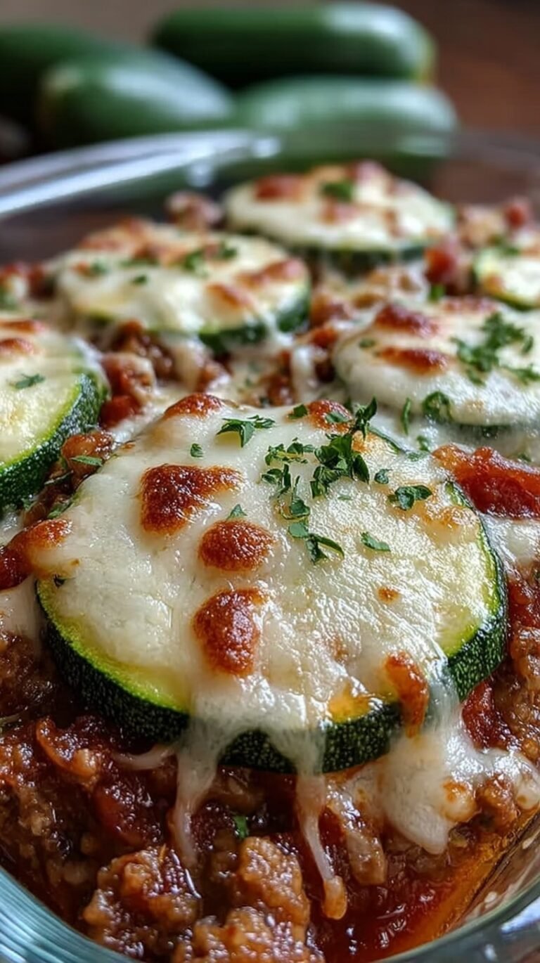 A golden, bubbly Zucchini Pizza Casserole topped with pepperoni and melted mozzarella cheese in a baking dish.
