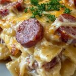 A slow cooker filled with creamy pierogies, sliced kielbasa, and melted cheddar cheese topped with fresh chives.