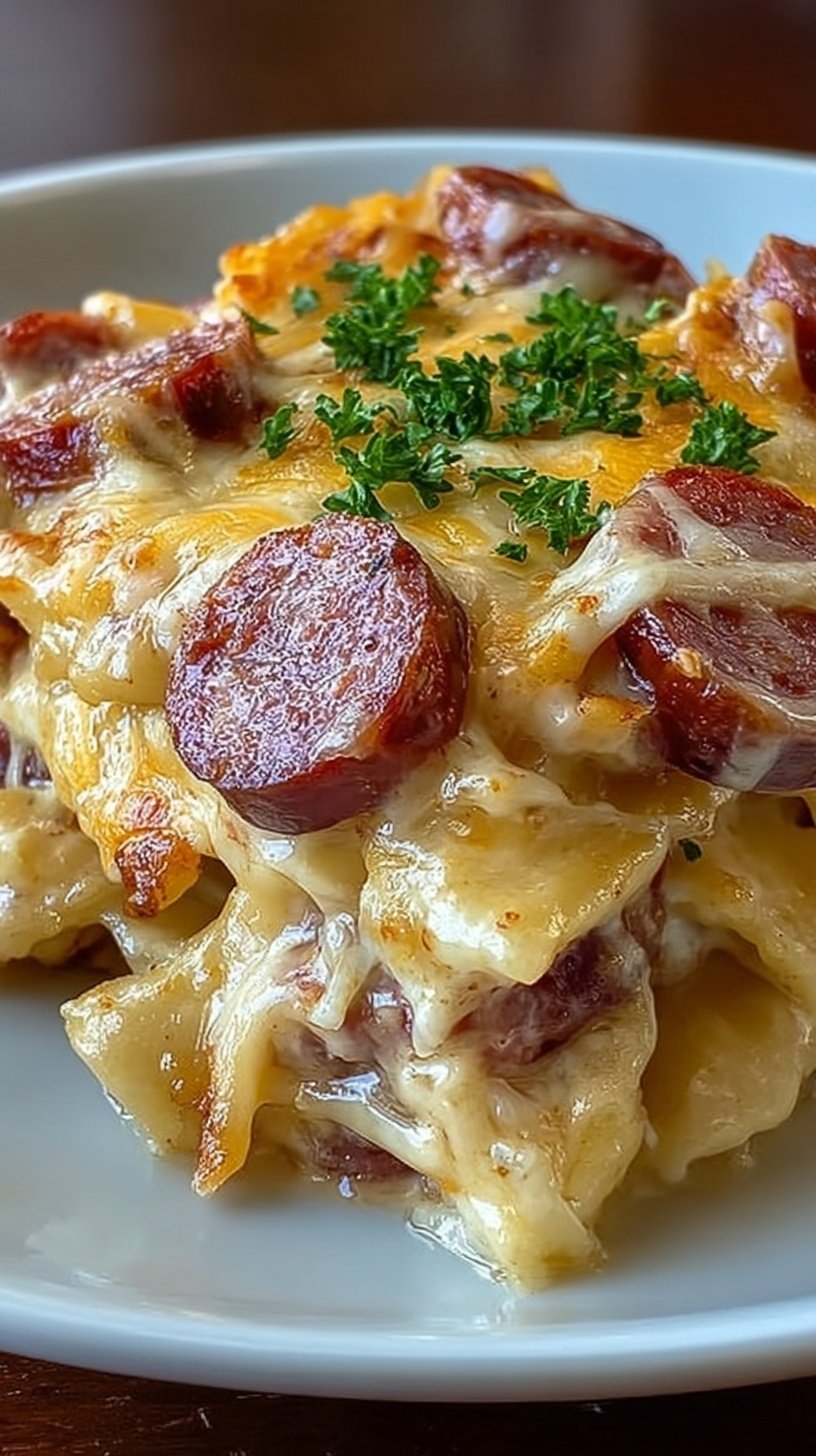A slow cooker filled with creamy pierogies, sliced kielbasa, and melted cheddar cheese topped with fresh chives.